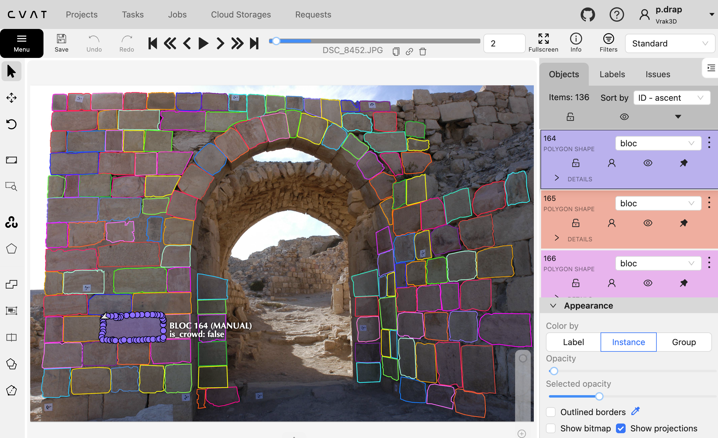CVAT annotation interface — stone blocks individually outlined on the Shawbak Castle arch